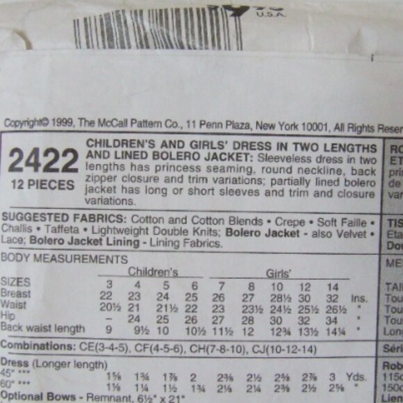 McCall's dress sewing pattern uncut vintage girls matching bolero jacket 1990s - Picture 5 of 9